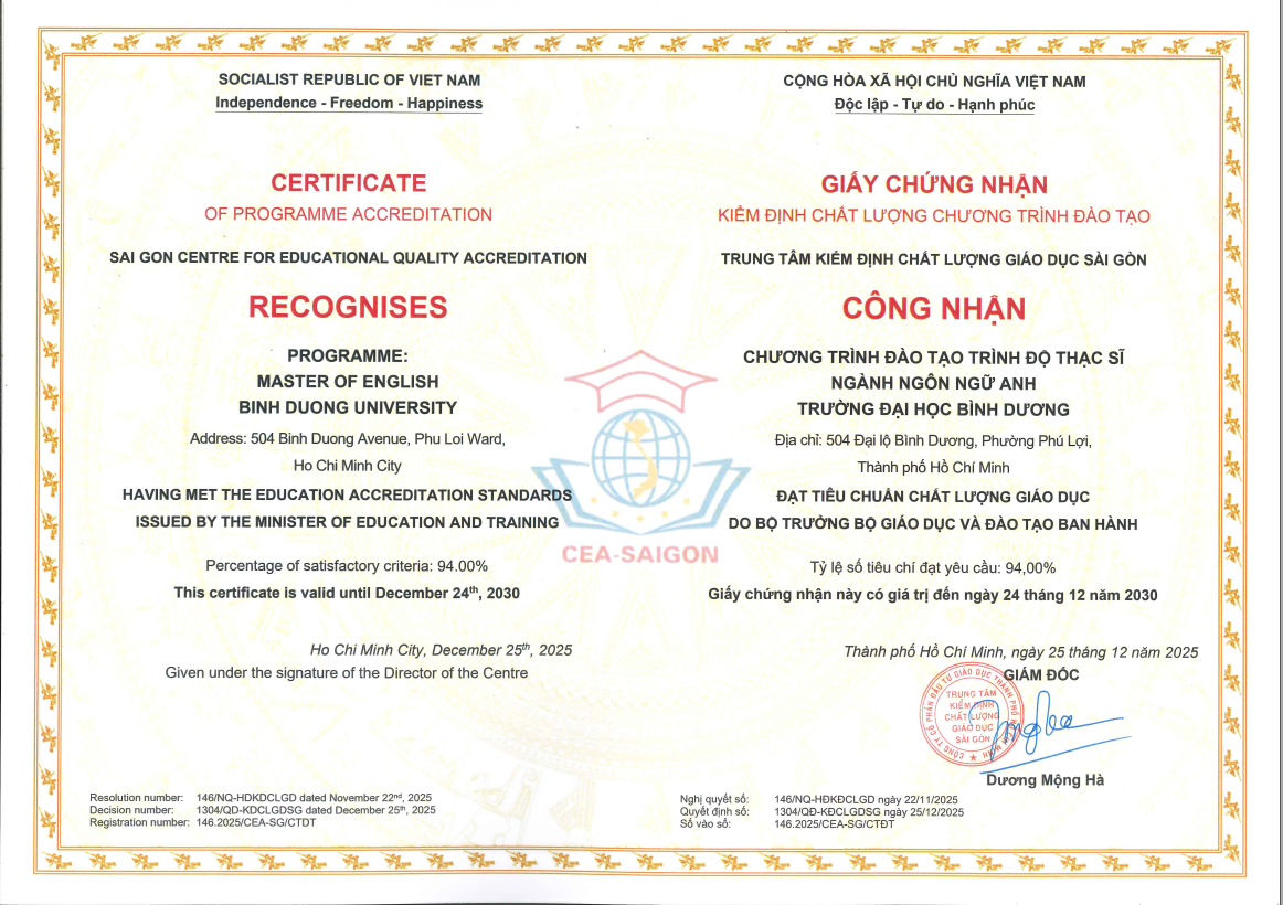 TIN VUI: CHƯƠNG TRÌNH THẠC SĨ NGÔN NGỮ ANH CHÍNH THỨC ĐẠT KIỂM ĐỊNH CHẤT LƯỢNG GIÁO DỤC